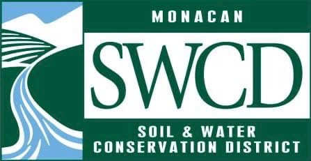 Monacan Soil & Water Conservation District logo.  A stylized blue river flows through green hills.  Big initials S.W.C.D., green on white sandwiched between Monacan on top and Soil & Water Conservation District on bottom in white on green.